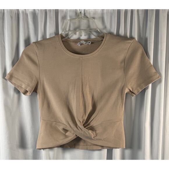 Zara Short Sleeves Cropped Cotton Blend Top, Tan, Sz: S, 83-33 - Picture 10 of 11